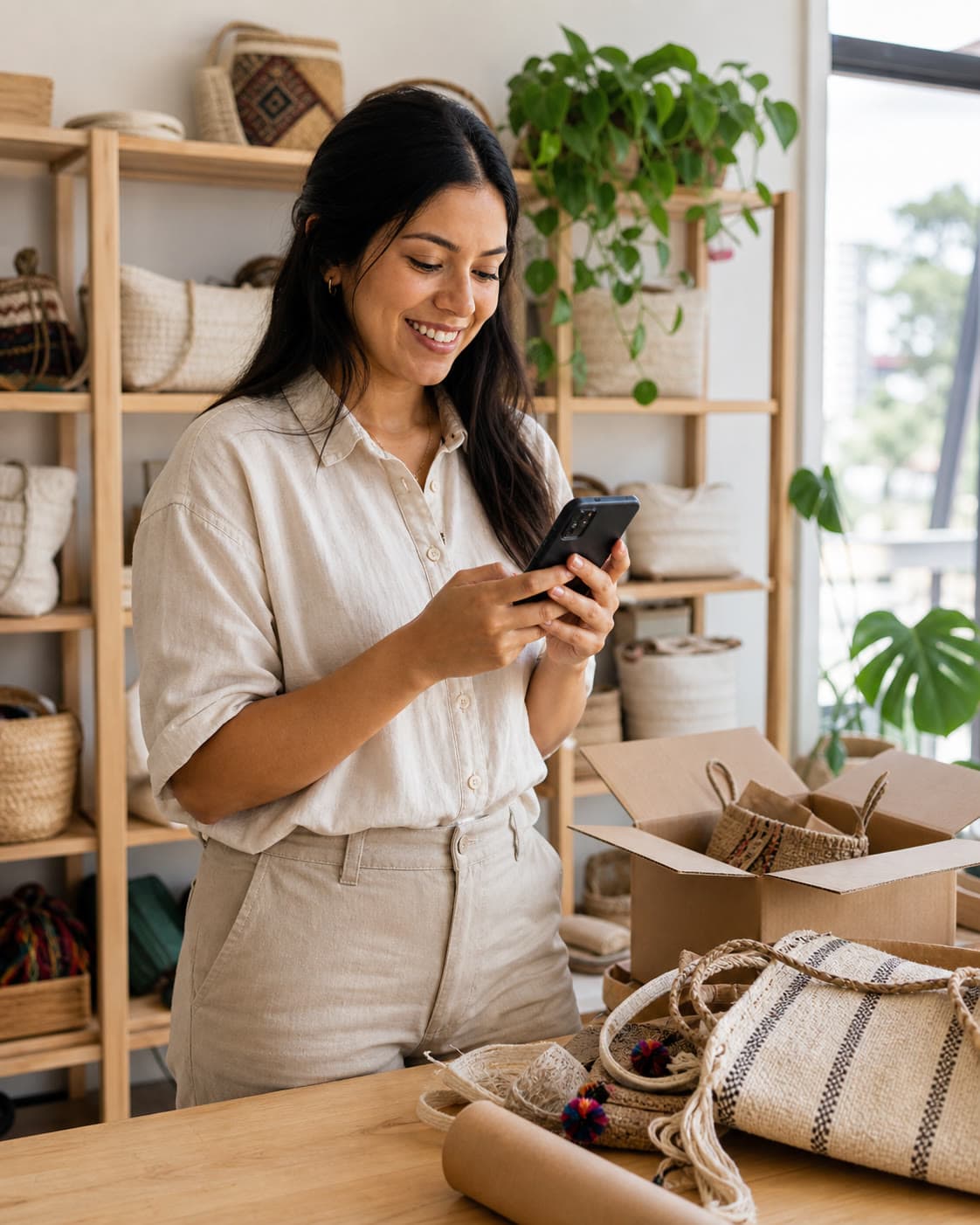 Emprendedora boliviana gestionando su tienda online desde el celular