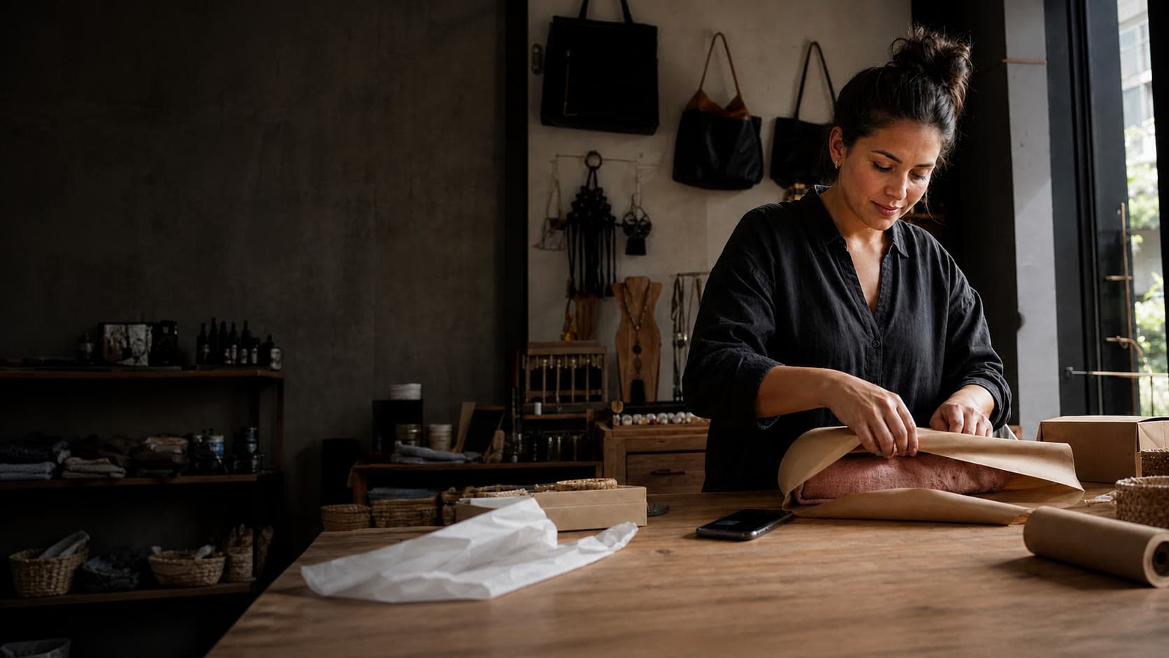 Emprendedora boliviana preparando un pedido de su tienda