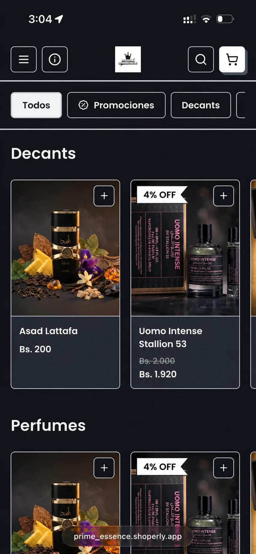 Perfumería online Prime Essence con precios en bolivianos