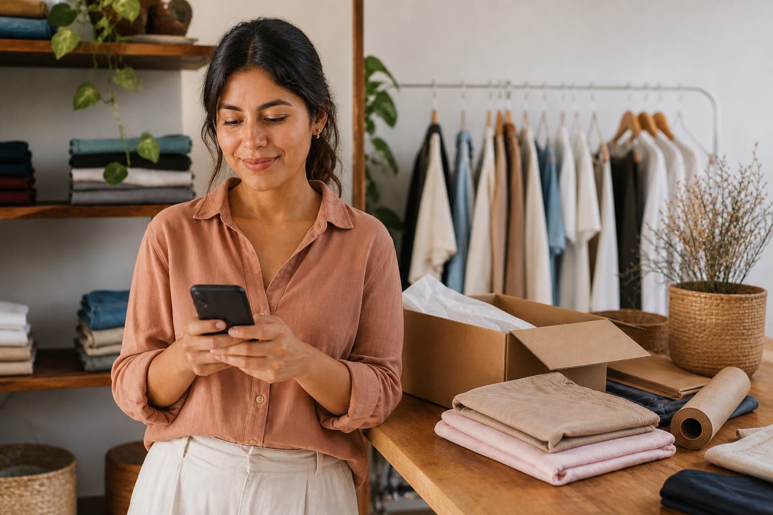 Emprendedora boliviana revisando un pedido en su tienda de ropa