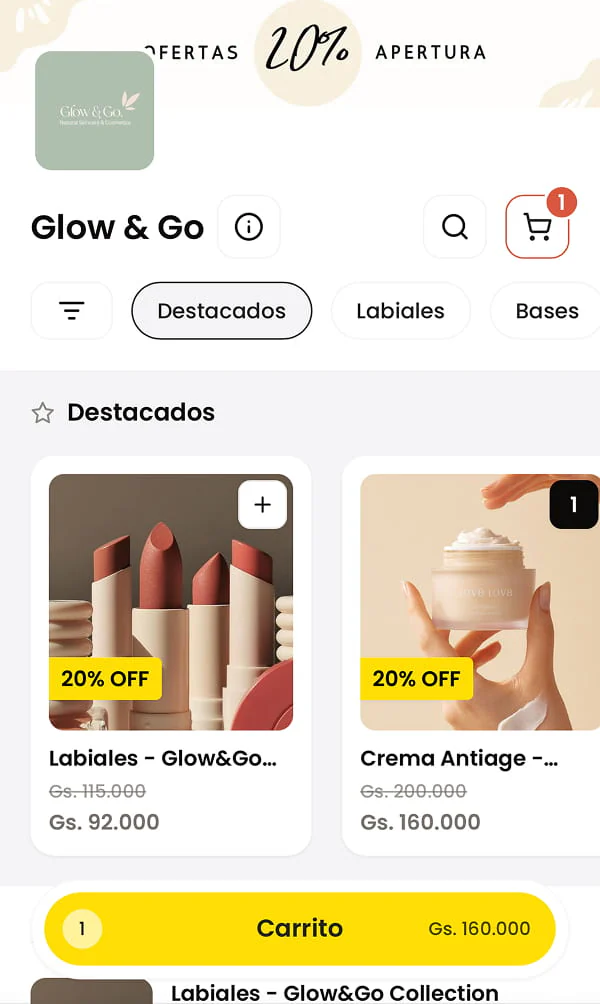 Ejemplo de una tienda online de Shoperly con productos y precios en guaraníes