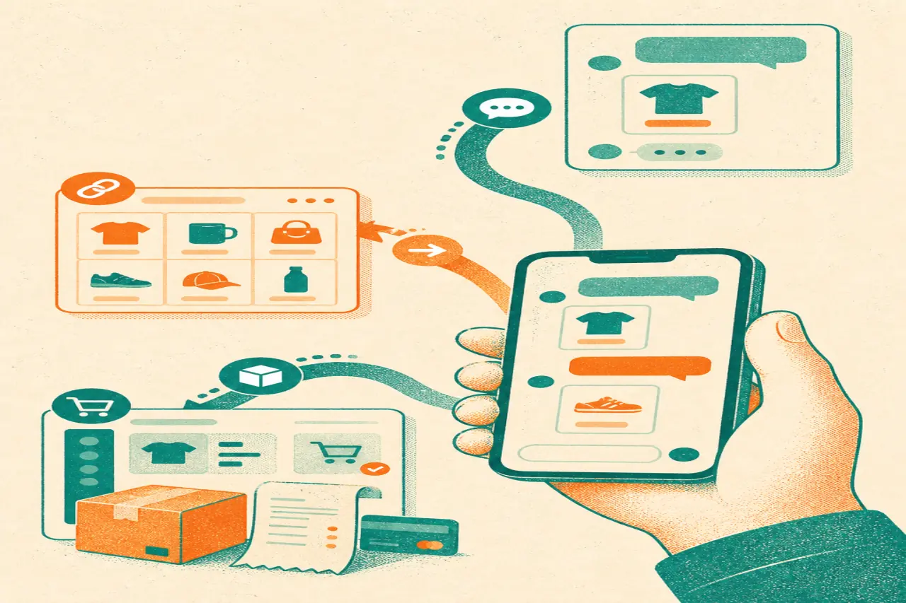 Ilustración risograph de un celular con catálogo de productos y caminos que llevan a una tienda online y a una operación más completa