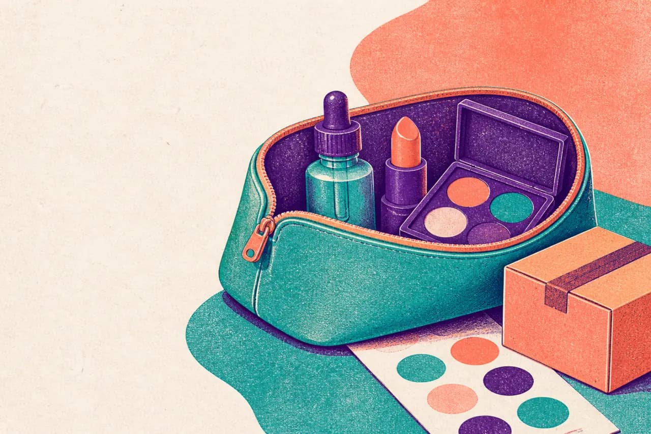 Ilustración risograph de un neceser abierto con sérum, labial, paleta de maquillaje, carta de tonos y caja de envío