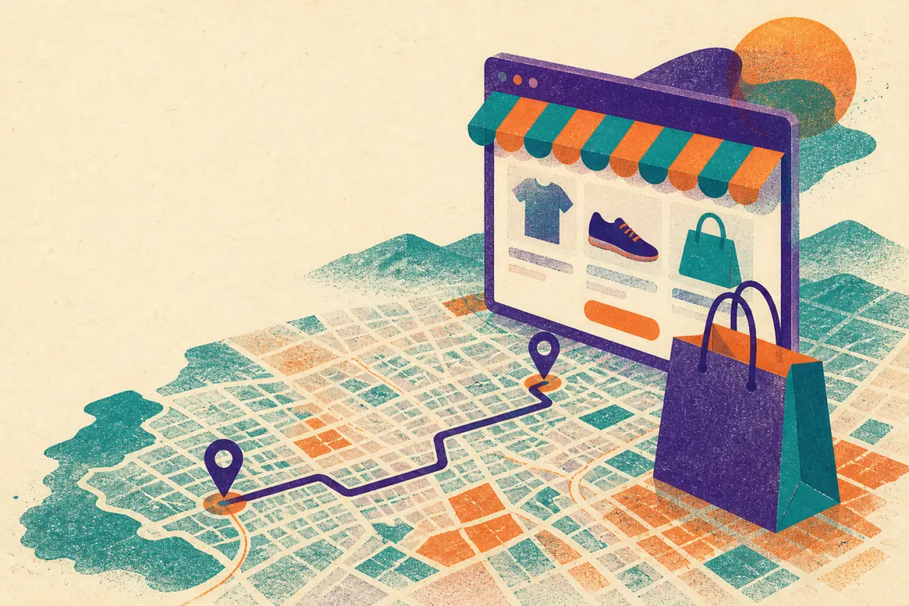 Ilustración risograph de una vitrina online, una bolsa y una ruta corta de entrega sobre un mapa estilizado de Bogotá