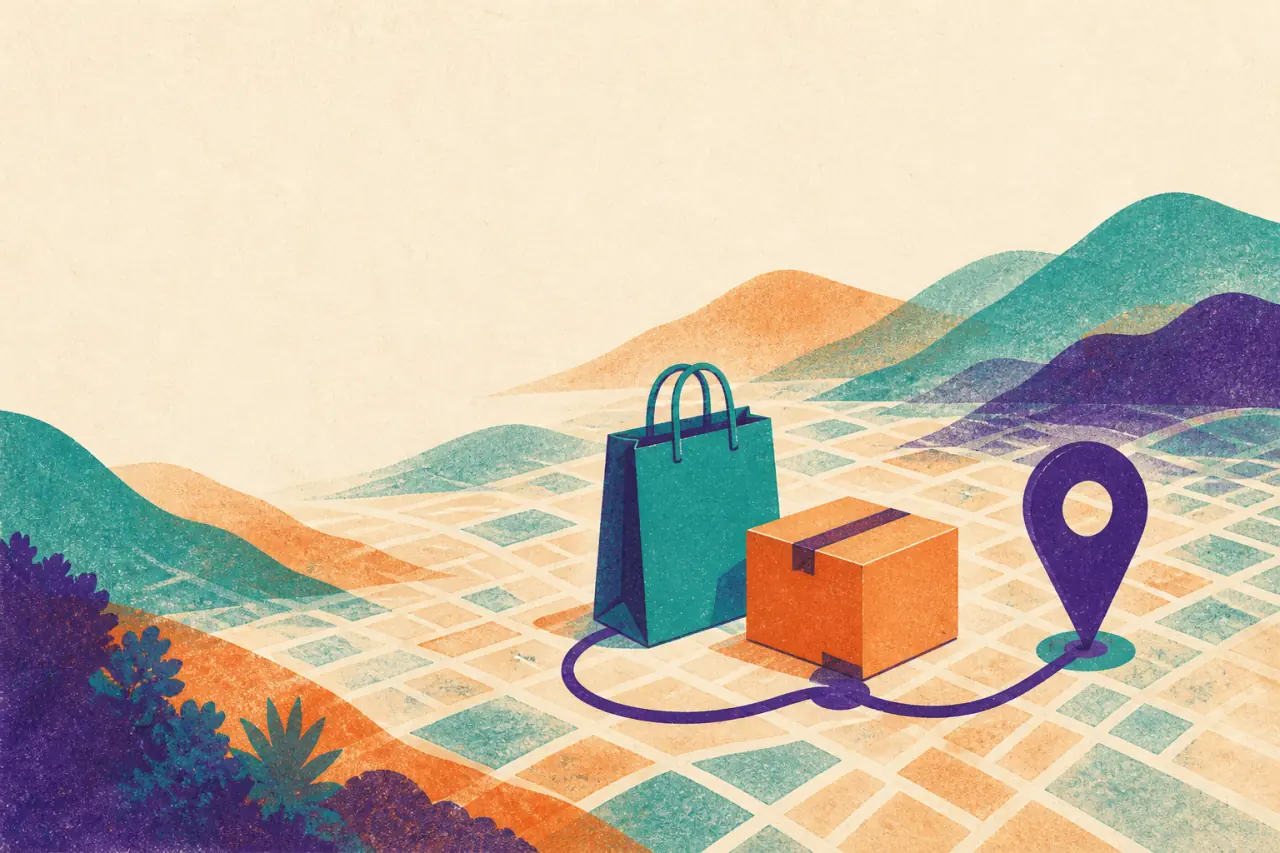Ilustración risograph de una bolsa, un paquete y una ruta de entrega sobre un mapa estilizado de Medellín