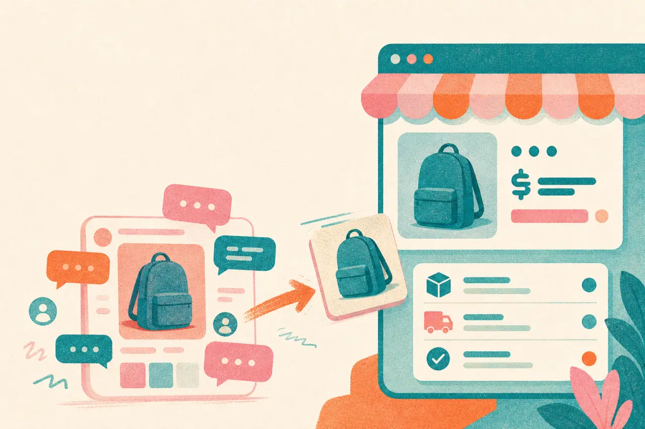 Ilustración risograph dividida entre una publicación de marketplace con chats y una vitrina online con pedido organizado
