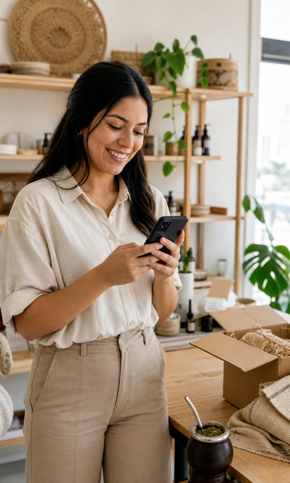 Emprendedora paraguaya gestionando su tienda online desde el celular