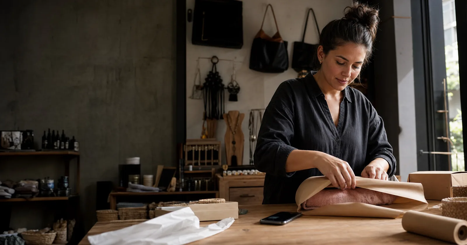 Emprendedora paraguaya preparando un pedido de su tienda