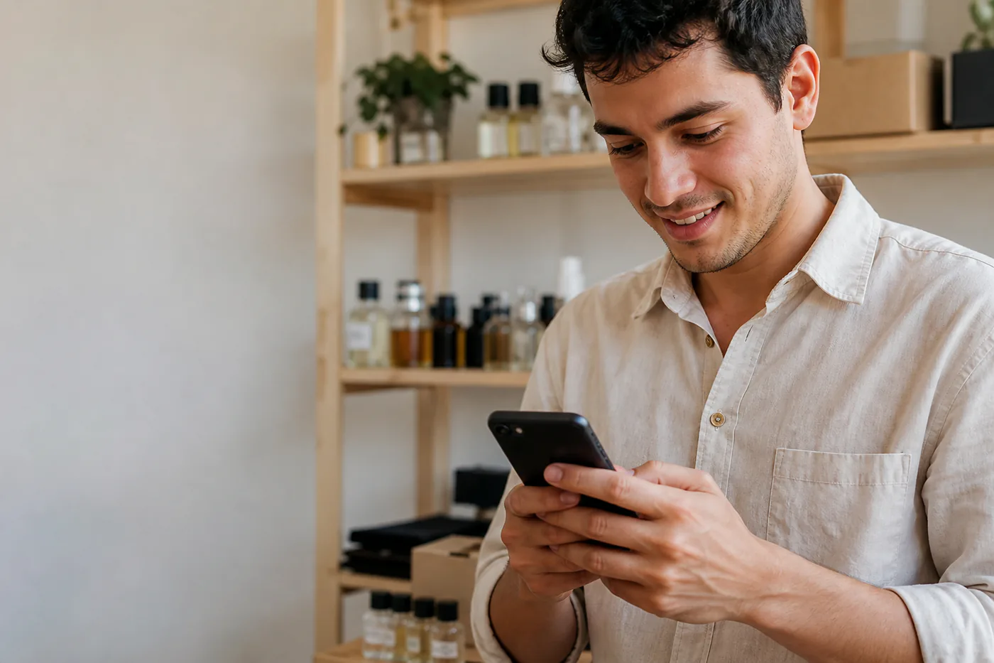 Emprendedor paraguayo gestionando su perfumería online desde el celular