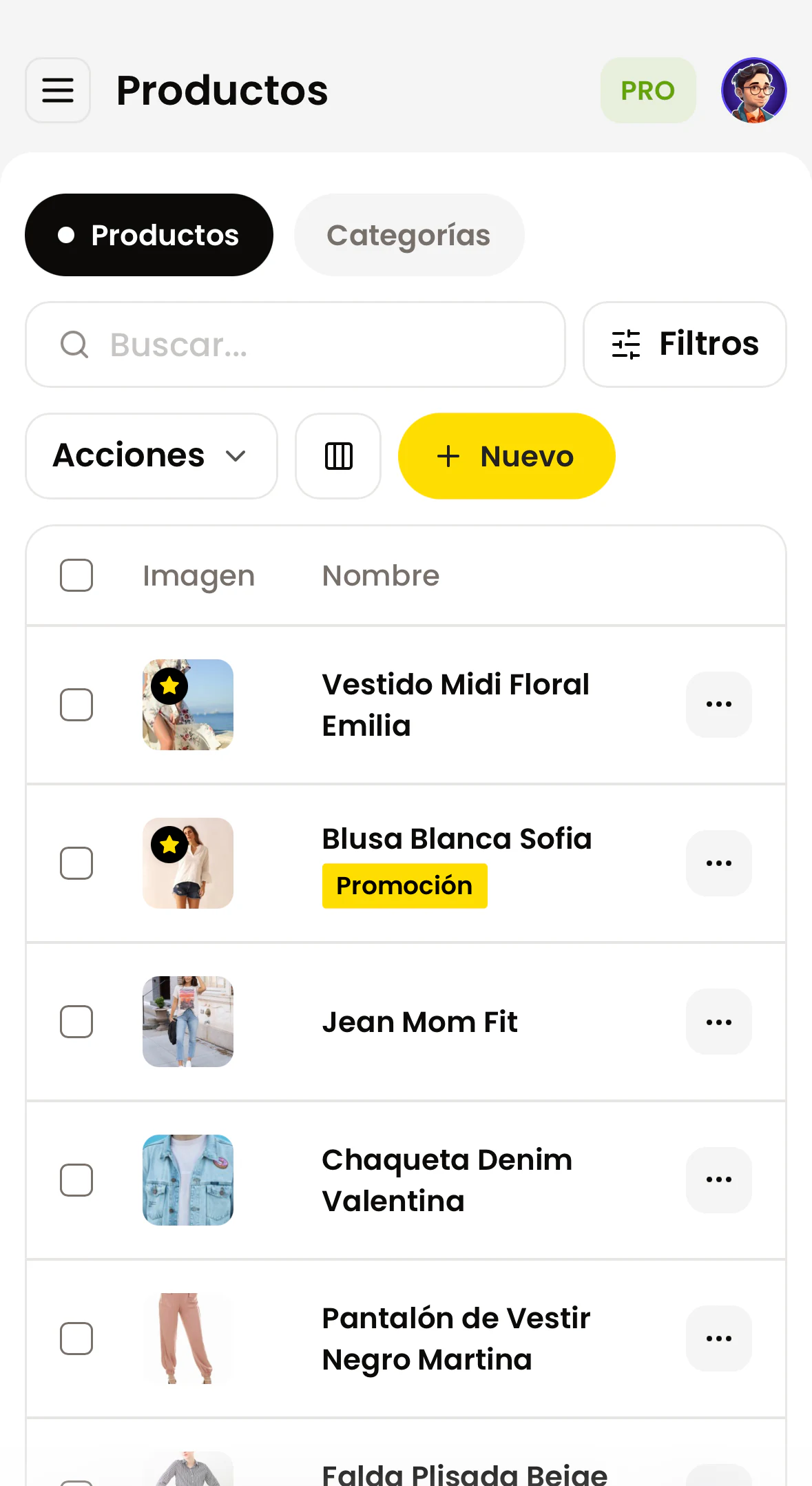 Panel móvil de Shoperly para cargar y administrar productos