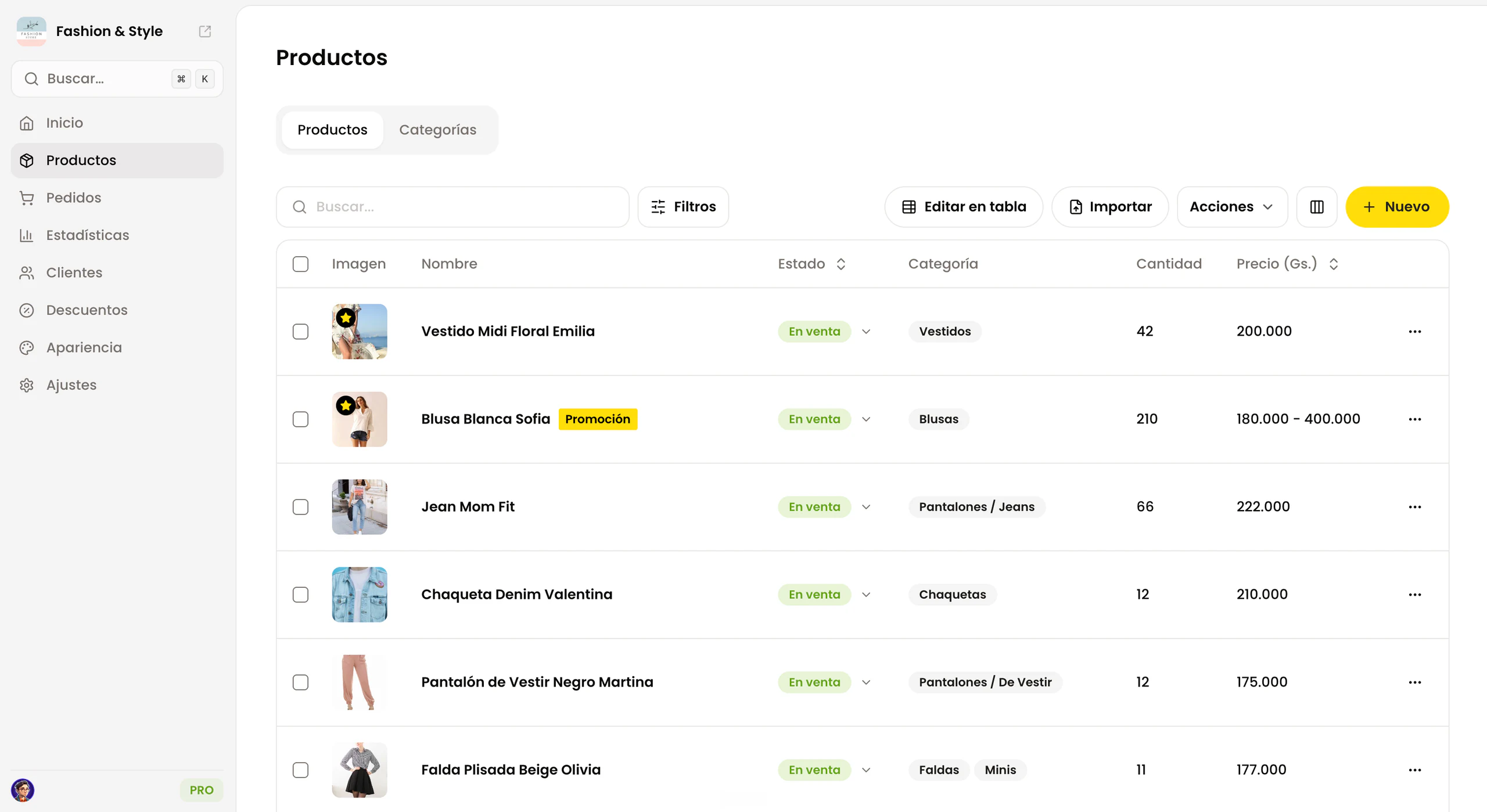 Panel de Shoperly para cargar y administrar productos